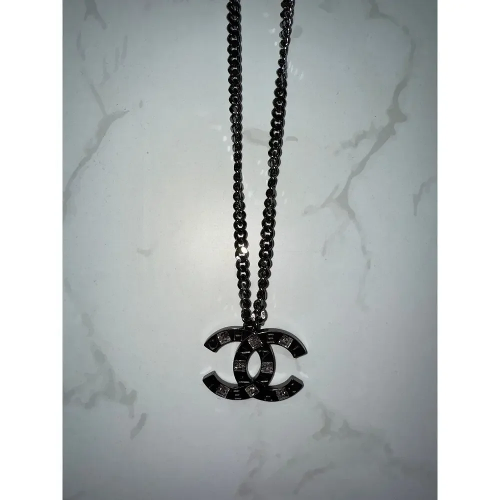 Chanel Black CC Logo Pendant Necklace with Crystal Accents Chain Jewelry